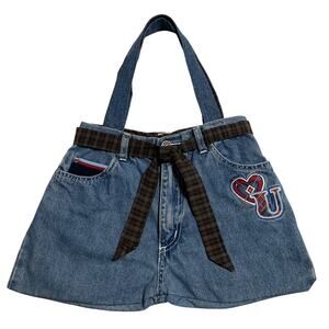 Womens Handmade Denim Jean Purse Handbag Lined w Matching Fabric Belt 17.5 X 10